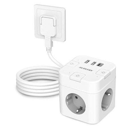 SUDEERY Cube de prise 6 en 1 avec USB C, 3 prises, prise plate avec interrupteur individuel, multiprise cube avec câble de 2 m,