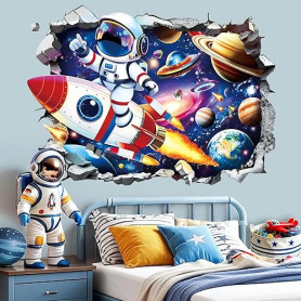 decalmile Stickers Muraux 3D Astronaute Fusée Autocollant Mural Espace Planète Étoiles Solaire Système Décoration Murale Chambre