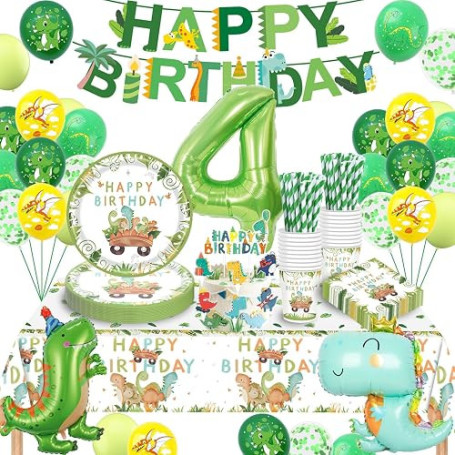 Decoration Anniversaire Dinosaure 4 Ans, Dinosaure Kit Anniversaire Garçon, Ballon 4 Ans, Dino Party Vaisselle pour Garçon