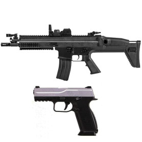 Airsoft-Pack Duo Fusil et Pistolet à Billes FN Scar électrique et FNS-9 à Ressort (0.5 Joule) + 500 Billes
