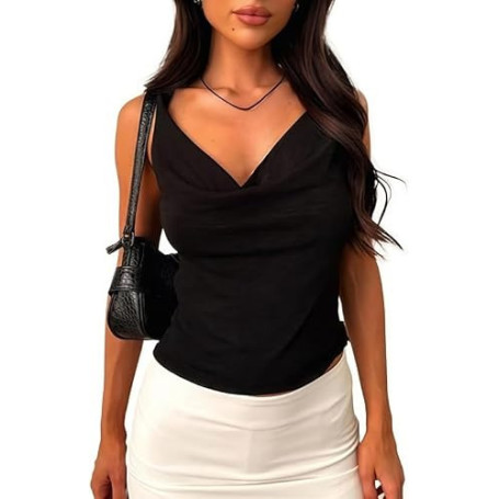 Sukiglam Débardeur Femme Paillettes Crop Tops sans Manches col Bénitier Haut Chic et Élégant Été Débardeurs Élasticité Slim Fit