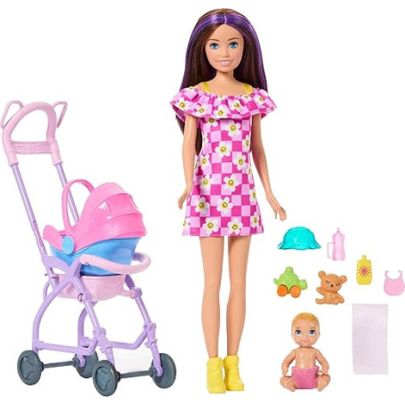 Barbie Skipper Babysitters Inc. Coffret avec poupée brune | Poupée bébé blonde, poussette avec siège auto amovible et 7 accessoi