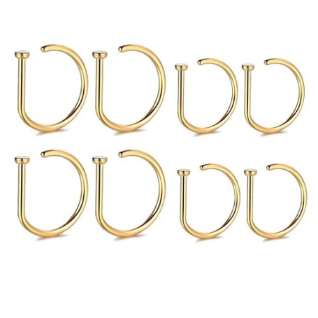 BDEPSTR Lot de 8 Faux Piercings Nez en Forme de D - Anneaux de Nez Sans Perçage en Acier Inoxydable Doré - Tailles Mixtes 8mm et