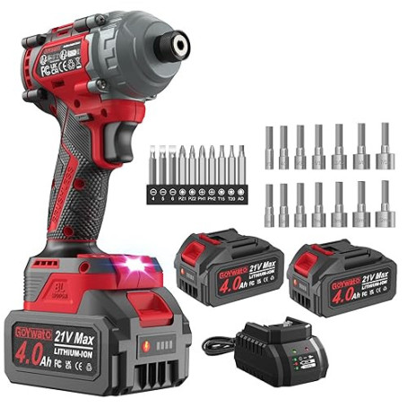GoYwato 1/4" Visseuse à Chocs Sans Fil 290N·m - 21V Tournevis à Percussion Brushless avec 2 Batteries 4,0 Ah & 14 Douilles & 10