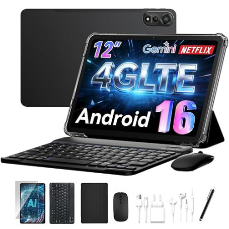 2026 Dernier Android 16 Tablette,12 Pouces Tactile Tablet avec Clavier,4G LTE+5G WiFi,120HZ 2K FHD 24Go RAM+128Go ROM,9000 mAh,O