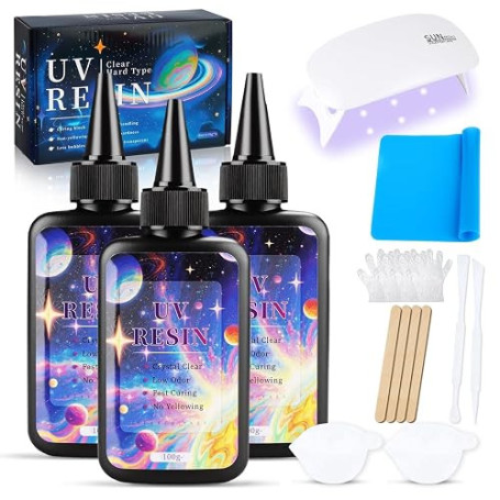 TOSUTO 300g Kit de Resine UV avec Lampe,Résine UV Transparente,Faible Viscosité & Durcissement Rapide,Resine UV pour la Fabricat