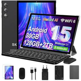 Tablette 10 pouces Android 15 avec Gemini AI, 30 Go RAM+ 128 Go ROM+ 2 To d'extension, WiFi 6, Widevine L1, octa-core, 8000 mAh,
