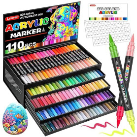 Lyuvie 220 Couleurs Feutre Acrylique,110 Pcs Acrylic Paint Marker Marqueur Peinture Acrylique Pointe Brush pour Roche Tissu Pier