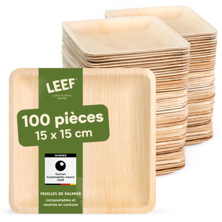 Leef® assiette jetable en palmier [100pcs | 15cm] assiette barbecue comme décoration d'anniversaire [carré] assiettes plates alt