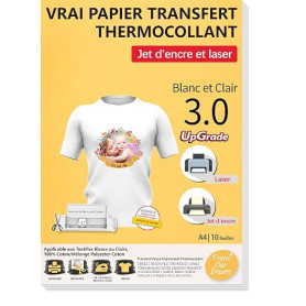 TransOurDream 10 Feuilles*A4 Papier Transfert pour Textile blanc&clair 3.0 | Compatible Imprimantes Jet d'Encre & Laser, Papier