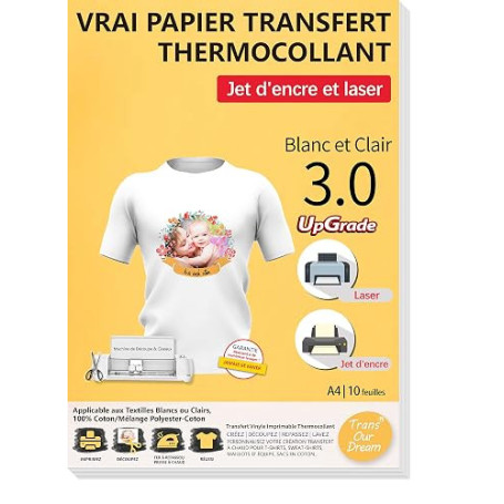 TransOurDream 10 Feuilles*A4 Papier Transfert pour Textile blanc&clair 3.0 | Compatible Imprimantes Jet d'Encre & Laser, Papier