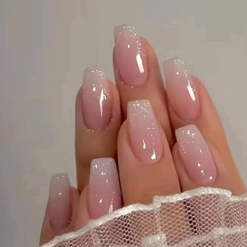 24 Pièces Faux Ongles Moyen Cercueil, Français Press on Nails Rose Ballerine Ongles à Coller, Acrylique Bâton sur Les Ongles ave