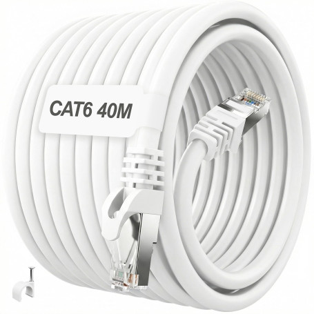 ikbc Cable Ethernet 40m, Cat 6 Cable RJ45 40m FTP Blindé Câble Réseau Blanc | Gigabit Cable Internet 40 Mètres Haut Débit, Anti-