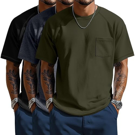 Neer Lot de 3 T-Shirts pour Hommes Grandes Tailles (XL à 5XL) avec Poche Col Rond Manches Courtes Raglan Style Décontracté