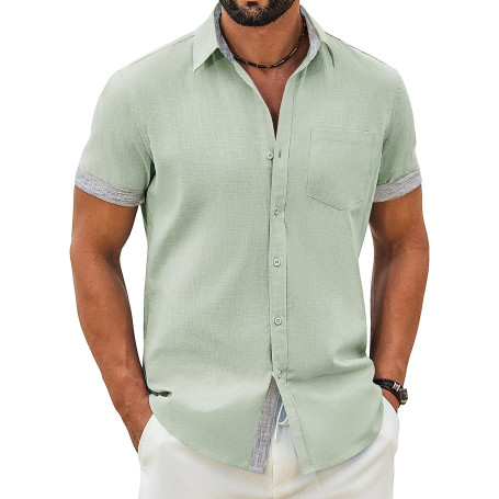 COOFANDY Chemise Homme Manches Courtes en Coton Décontractée d’Été pour Plage avec Pochette Poitrine