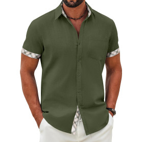 COOFANDY Chemise Homme Manches Courtes en Coton Décontractée d’Été pour Plage avec Pochette Poitrine