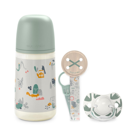 Suavinex, Coffret Cadeau Nouveau-Né SX Pro, pour Bébés 0-6 Mois. Contient un Biberon Débit Moyen (M) 270 ml + Sucette SX Pro en 