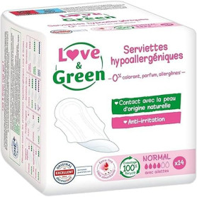 Love & Green Serviettes hygiéniques, écologiques et hypoallergéniques - certifiées Ecolabel et Dermatest - "NORMAL" x 14: Sans c