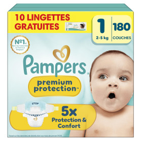 Pampers Premium Protection Couches Taille 1 x180 + 10 Lingettes Bébé | 2kg-5kg. Notre N°1 Pour La Protection De La Peau Et Contr