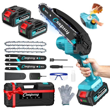 CEEPUY Mini Tronçonneuse à Batterie 2x4000 mAh, 6 Pouces Tronçonneuse Électrique Sans Fil Avec Injecteur d'Huile et Chaîne de Re