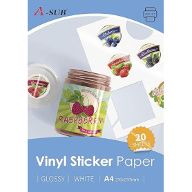 A-SUB Papier autocollant en vinyle imprimable imperméable de qualité supérieure blanc brillant, étiquettes autocollantes en viny