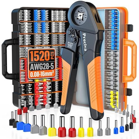 Preciva Pince à Sertir avec 1520pcs Cosses Electriques (520 Double Embouts) et Boîte à Outils, 0.08-16mm² Pince Cliquet Réglable