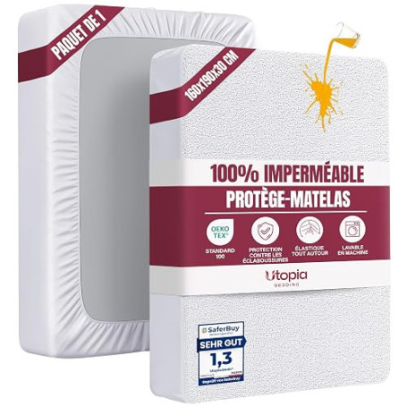 Utopia Bedding Protège Matelas 160 x 190 x 30 cm Imperméable, Certifié Oeko TEX, Alèse Drap Housse, Matelas Couvre, Respirant, É