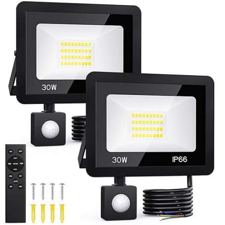 FGRYB 30W Projecteur LED Extérieur avec Détecteur de Mouvement - 2 Packs | Blanc Froid 6500K, IP66 Etanche,Télécommande Incluse.