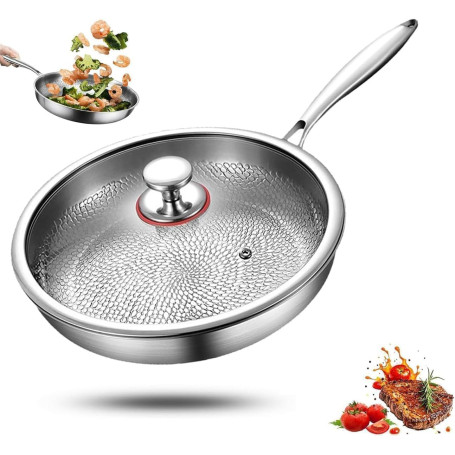 Normodic Poêle à frire en titane avec couvercle, poêle à frire en titane avec motif martelé, résistante aux rayures, anti-adhési