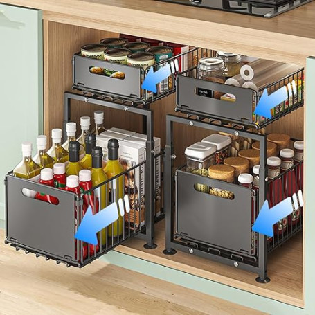 HABITELLO Lot de 2 Rangements sous Éviers à 2 Niveaux en Métal, Noir | Organisateur Coulissant Étagère à Épices, Multifonction p