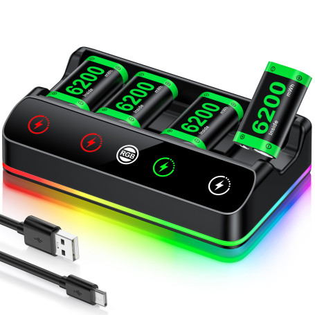 Batterie Rechargeable pour Manette Xbox, 4 Batteries Haute Capacité 6200mWh avec Chargeur/Éclairage RGB Refroidissant/25h d'Auto