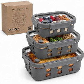 Dalena Home Meal Prep Boîtes Set 1x640ml, 1x 1050ml, 1x1520ml – Verre borosilicate, hermétique, empilable, micro-ondes avec valv