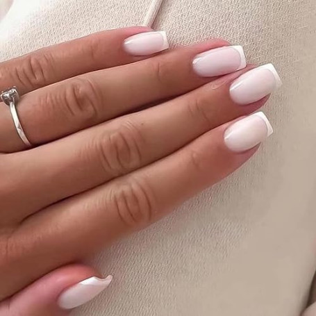 24PCS Court Carré Faux Ongles Français Nude Blanc Ongles à Coller 12 Tailles Ballerine Acrylique Capsules Ongles à Presser avec