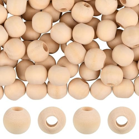 PONABEADIY Lot de 100 perles en Bois Naturel pour Macramé 15mm avec Grands Trous Rondes en Bois Blanc Antique Brut Lisses pour l