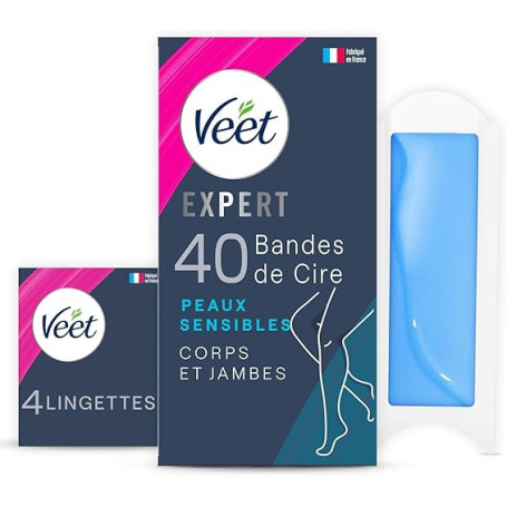 Veet EXPERT - 40 Bandes de Cire Froide Corps & Jambes - Peaux Sensibles - Finition Parfaite - Epilation Longue Durée