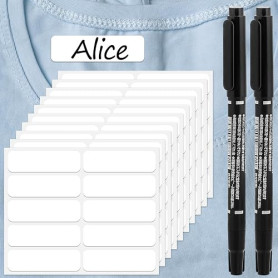 100 pièces d'étiquettes pour vêtements sans repassage, étanches, autocollantes, en tissu pour vêtements, avec 2 stylos-marqueurs