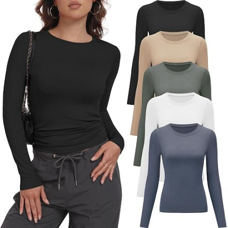 miijoory Pack de 3/5 T-Shirts à Manches Longues pour Femmes,col Rond,Basiques Tops,ajustés décontractés Y2K Crop Top