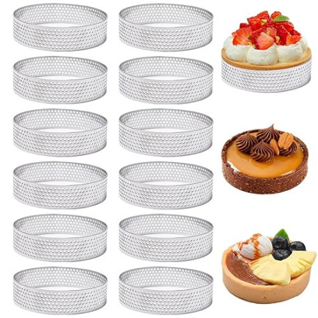 GANILITY Cercle à Tartelette, 12 Pièces 8 cm Cercle a Tarte Perforé en Acier Inoxydable, DIY Moule à Gâteau de Cuisson, pour Qui