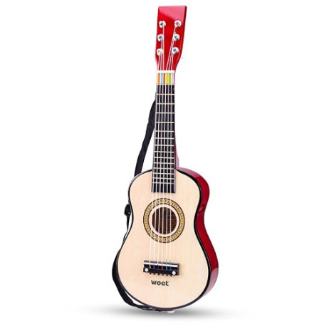 Woet® Guitare Jouet Naturelle en Bois pour Enfants, 6 Cordes en Nylon avec Sangle, Corde de Rechange et Livret Musical Coloré av