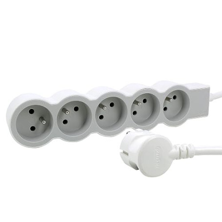 LEGRAND | Rallonge Multiprise Extra-Plate, 5 Prises 2P+T Avec Terre, Cordon 1.5m Blanc Et Gris Clair, 1 Prise À 90° Pour Chargeu