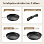 Fadware Lot de 3 Poêles Antiadhésives à Poignée Amovible (20/24/28 cm) | 75% Gain de Place, Poêles Induction et Tous Feux, Empil