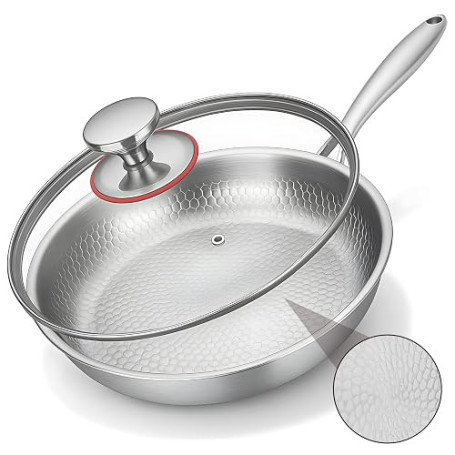 VeftBltrem Poêle à frire en titane avec couvercle, poêle à frire en titane avec motif martelé, résistante aux rayures, anti-adhé