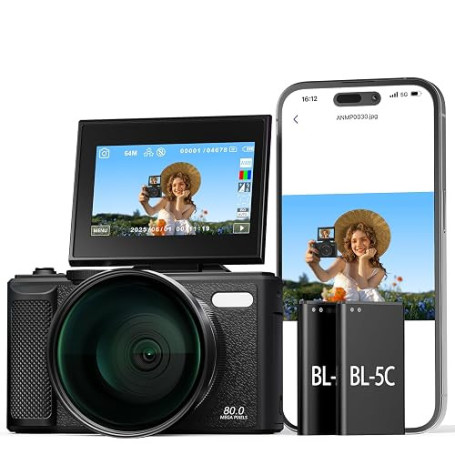 Appareil Photo Numérique 5K 80MP avec WiFi & Autofocus, Caméra Vlogging Youtube, Écran 3" 180° Rabattable, Zoom 18X, Compact Voy