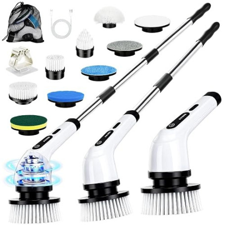 PATEMZON Brosse Nettoyage Electrique, 9 en 1 Brosse Rotative Nettoyage, avec 9 Têtes de Brosses Interchangeables et Tige Télesco