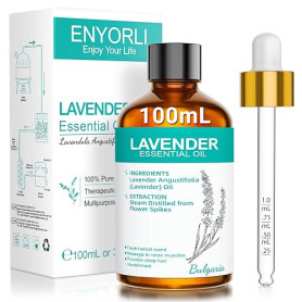 ENYORLI Huile Essentielle de Lavande Naturelle – Aromathérapie, Diffuseur, Massage, Sommeil – Flacon en Verre Ambré 100mL(3.18 f