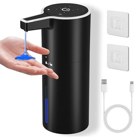 PUGTOW Distributeur de Savon Automatique Liquide, Mural 400ML (Noir) | Étanche IPX5, 4 Vitesses, 1800mAh Rechargeable par USB, C