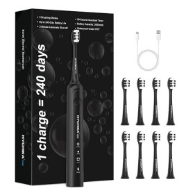 Autonomie de 240 jours Brosse à dents électrique pour Adultes,8 Têtes de Rechange,Batterie Rechargeable,3 Modes,Minuterie de 2,é
