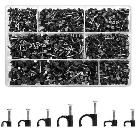KOXXIAMOQ 700 Pcs Clips de Câbles Ronds/Carrés, Attaches Câbles Avec Clous, Agrafes de Câbles Noires avec Clou, Support de Fil O