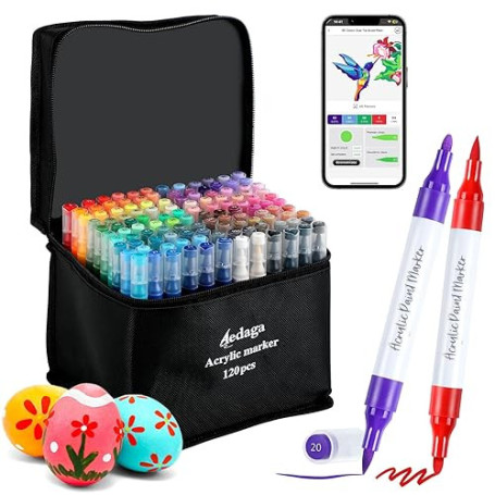 AEDAGA 120 Couleurs Feutre Acrylique avec App, Acrylic Marker Double Pointe | Pointe Pinceau & Fine | Numérotés | Séchage Rapide