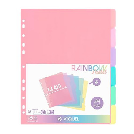 Viquel - Lot de 6 intercalaires en plastique Rainbow Pastel - Maxi format (24,5x30,5cm) - Pour classeur A4 Maxi format ou classe